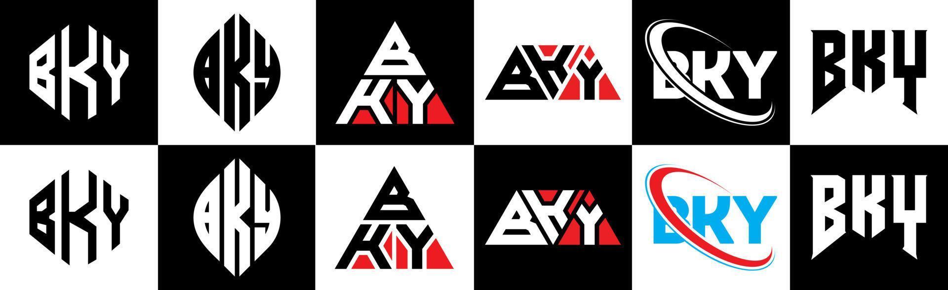 BKY letter logo design in six style. BKY polygon, circle, triangle, hexagon, flat and simple style with black and white color variation letter logo set in one artboard. BKY minimalist and classic logo vector