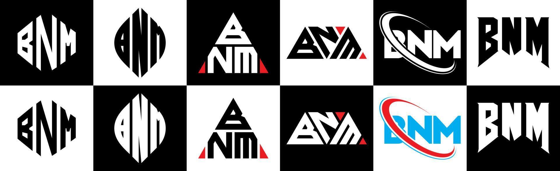 BNM letter logo design in six style. BNM polygon, circle, triangle, hexagon, flat and simple style with black and white color variation letter logo set in one artboard. BNM minimalist and classic logo vector