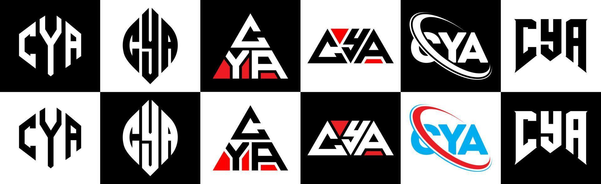 diseño de logotipo de letra cya en seis estilos. cya polígono, círculo, triángulo, hexágono, estilo plano y simple con logotipo de letra de variación de color blanco y negro en una mesa de trabajo. cya logotipo minimalista y clásico vector