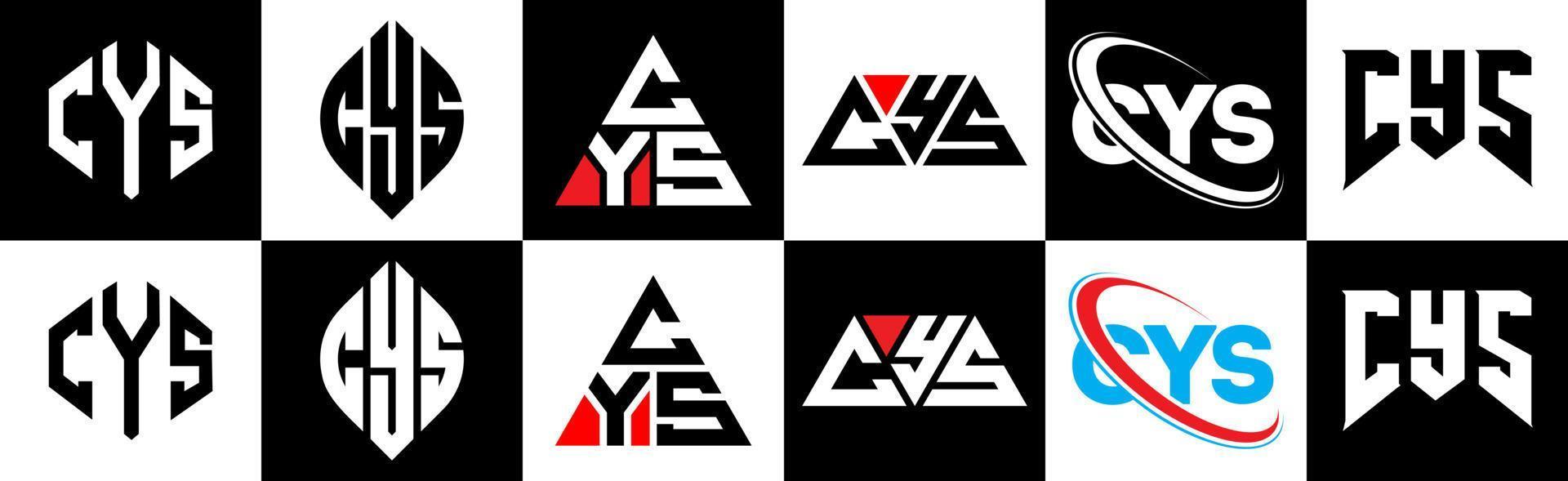 CYS letter logo design in six style. CYS polygon, circle, triangle, hexagon, flat and simple style with black and white color variation letter logo set in one artboard. CYS minimalist and classic logo vector