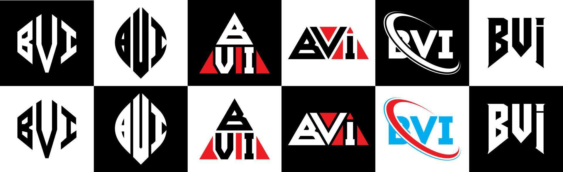 BVI letter logo design in six style. BVI polygon, circle, triangle, hexagon, flat and simple style with black and white color variation letter logo set in one artboard. BVI minimalist and classic logo vector