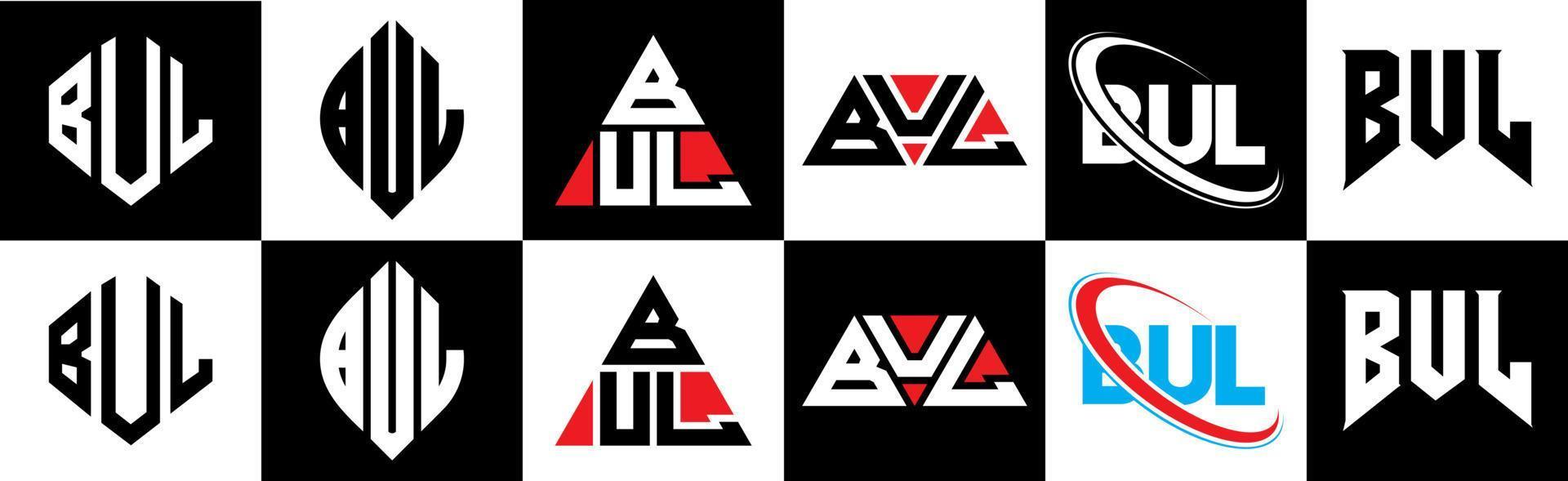 BUL letter logo design in six style. BUL polygon, circle, triangle, hexagon, flat and simple style with black and white color variation letter logo set in one artboard. BUL minimalist and classic logo vector