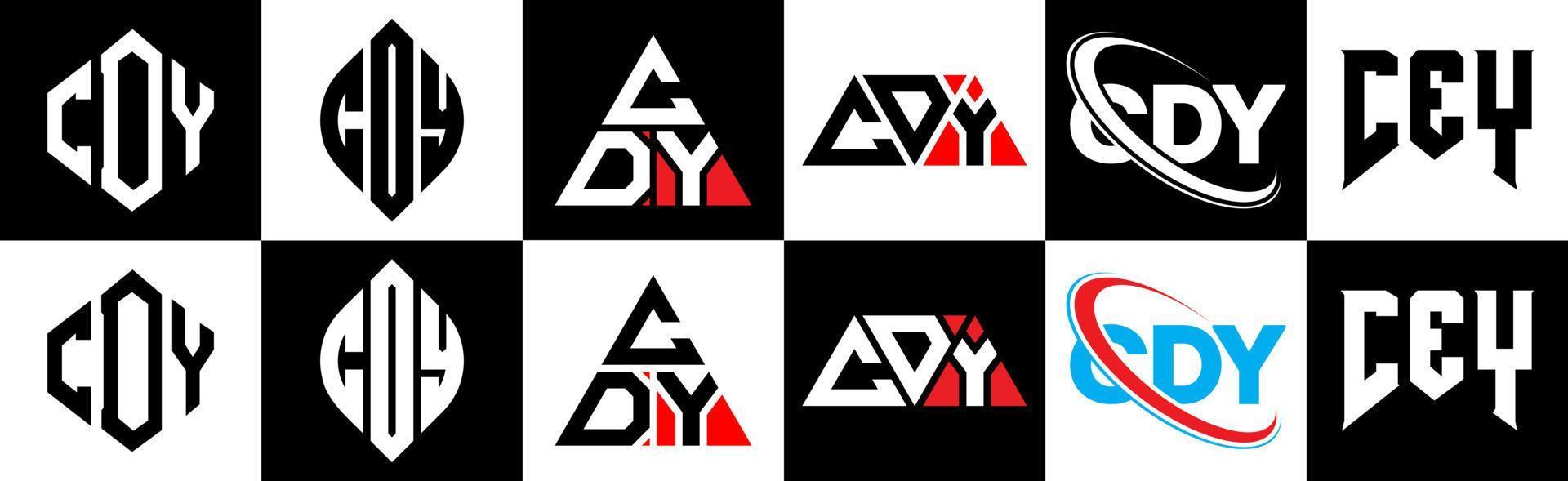 CDY letter logo design in six style. CDY polygon, circle, triangle, hexagon, flat and simple style with black and white color variation letter logo set in one artboard. CDY minimalist and classic logo vector