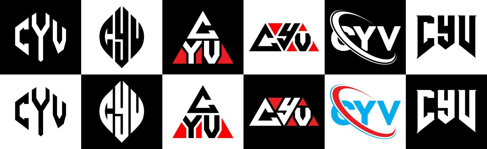 diseño de logotipo de letra cyv en seis estilos. polígono cyv, círculo, triángulo, hexágono, estilo plano y simple con logotipo de letra de variación de color blanco y negro en una mesa de trabajo. logotipo minimalista y clásico de cyv vector