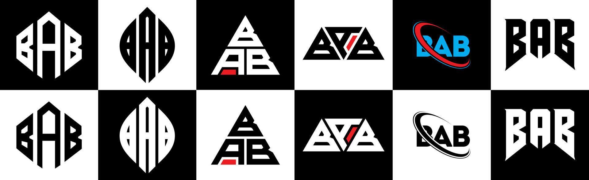 BAB letter logo design in six style. BAB polygon, circle, triangle, hexagon, flat and simple style with black and white color variation letter logo set in one artboard. BAB minimalist and classic logo vector