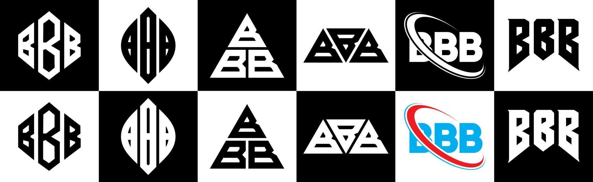 BBB letter logo design in six style. BBB polygon, circle, triangle, hexagon, flat and simple style with black and white color variation letter logo set in one artboard. BBB minimalist and classic logo vector