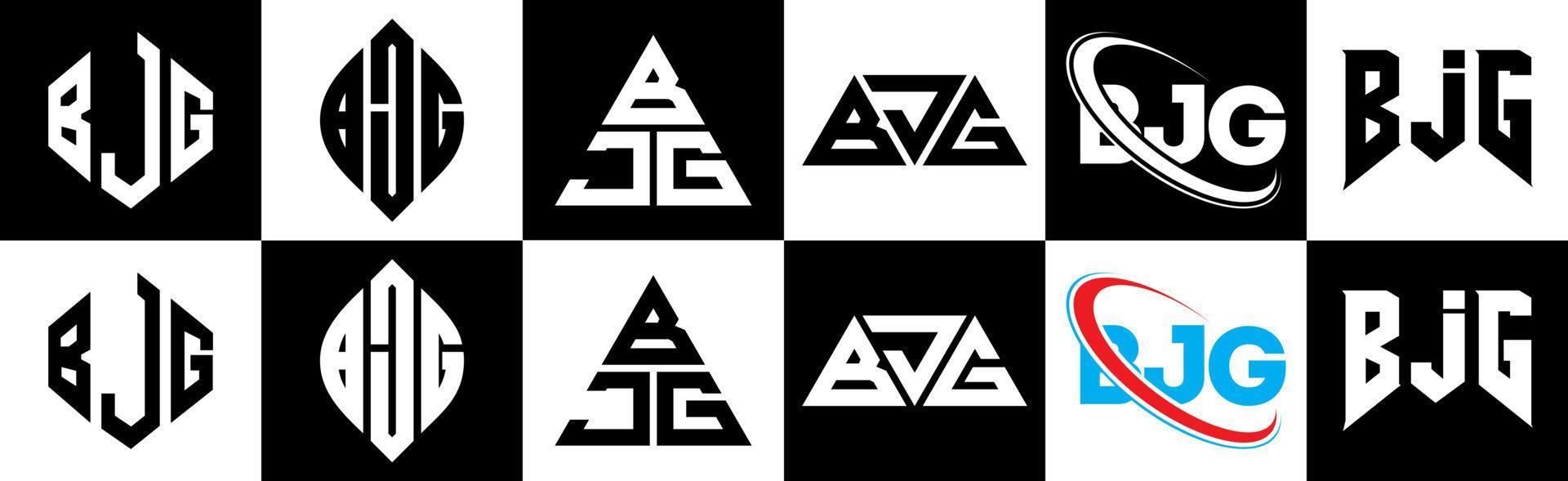 BJG letter logo design in six style. BJG polygon, circle, triangle, hexagon, flat and simple style with black and white color variation letter logo set in one artboard. BJG minimalist and classic logo vector