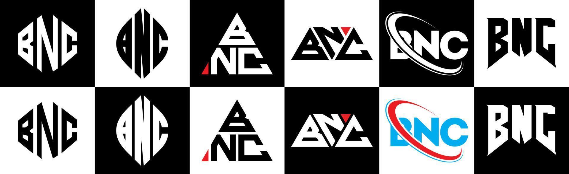 BNC letter logo design in six style. BNC polygon, circle, triangle, hexagon, flat and simple style with black and white color variation letter logo set in one artboard. BNC minimalist and classic logo vector