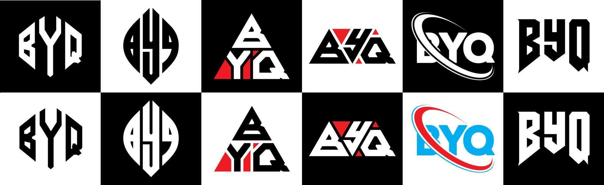 BYQ letter logo design in six style. BYQ polygon, circle, triangle, hexagon, flat and simple style with black and white color variation letter logo set in one artboard. BYQ minimalist and classic logo vector