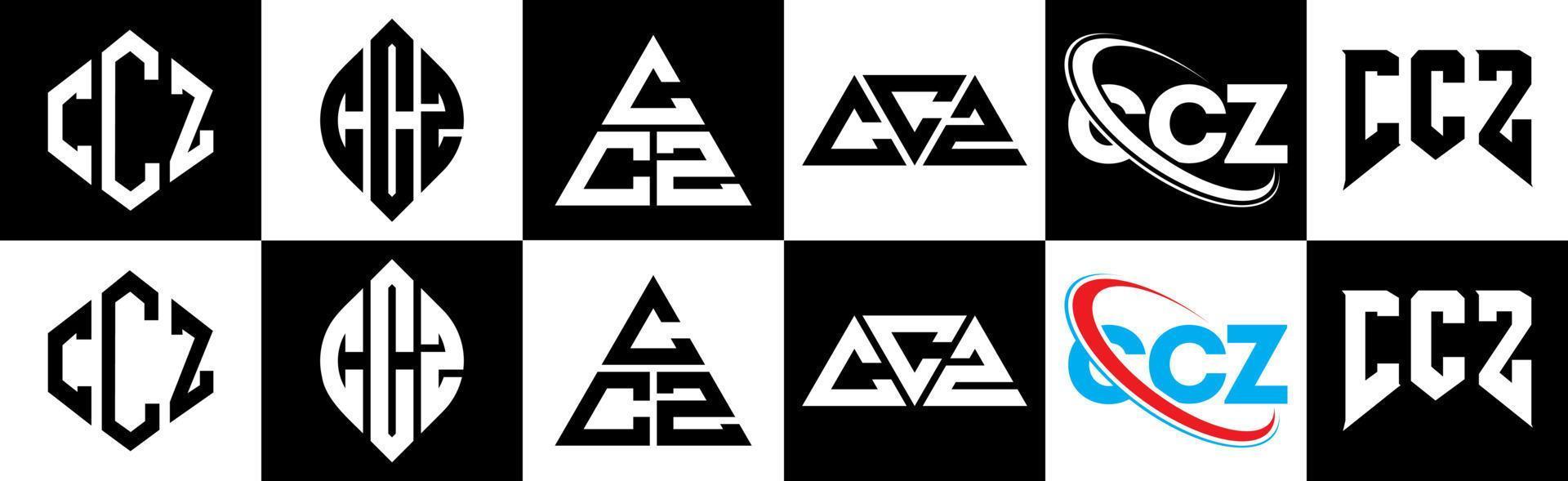 diseño de logotipo de letra ccz en seis estilos. polígono ccz, círculo, triángulo, hexágono, estilo plano y simple con logotipo de letra de variación de color blanco y negro en una mesa de trabajo. ccz logotipo minimalista y clásico vector