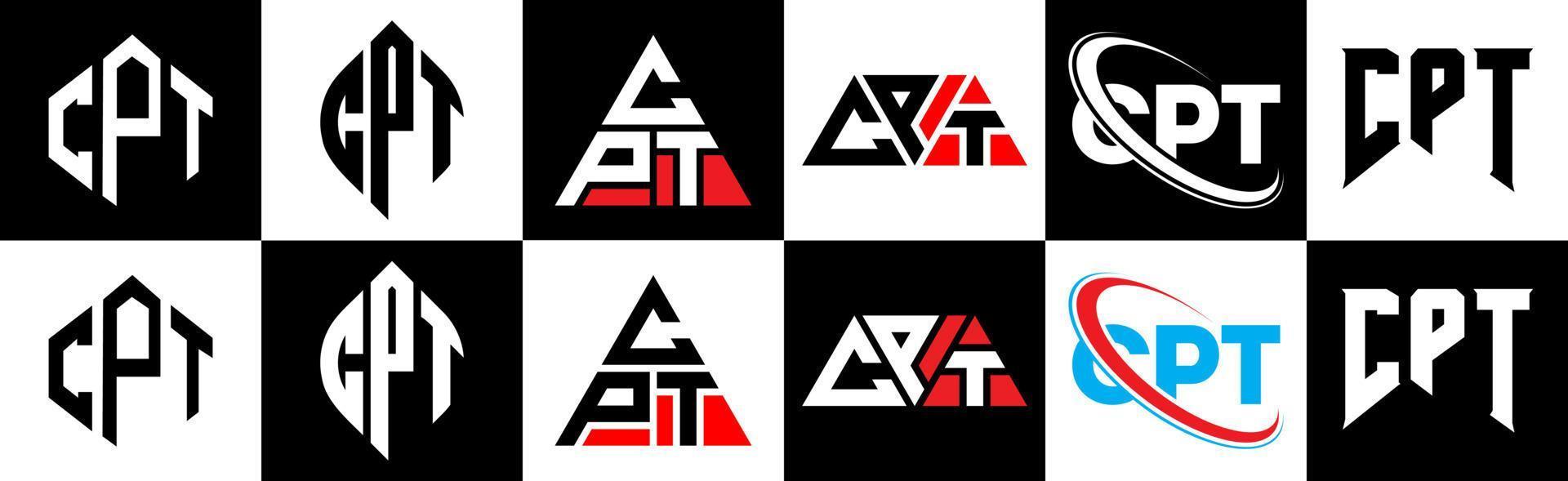 CPT letter logo design in six style. CPT polygon, circle, triangle, hexagon, flat and simple style with black and white color variation letter logo set in one artboard. CPT minimalist and classic logo vector