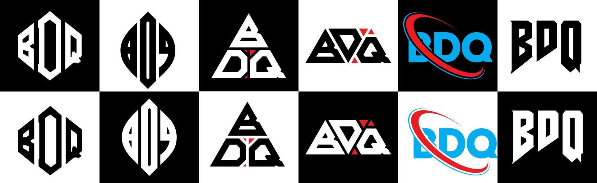 diseño de logotipo de letra bdq en seis estilos. bdq polígono, círculo, triángulo, hexágono, estilo plano y simple con logotipo de letra de variación de color blanco y negro en una mesa de trabajo. logotipo bdq minimalista y clásico vector