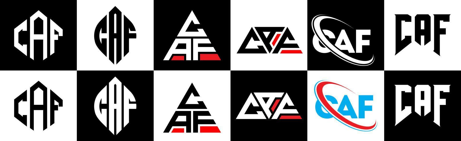 CAF letter logo design in six style. CAF polygon, circle, triangle, hexagon, flat and simple style with black and white color variation letter logo set in one artboard. CAF minimalist and classic logo vector