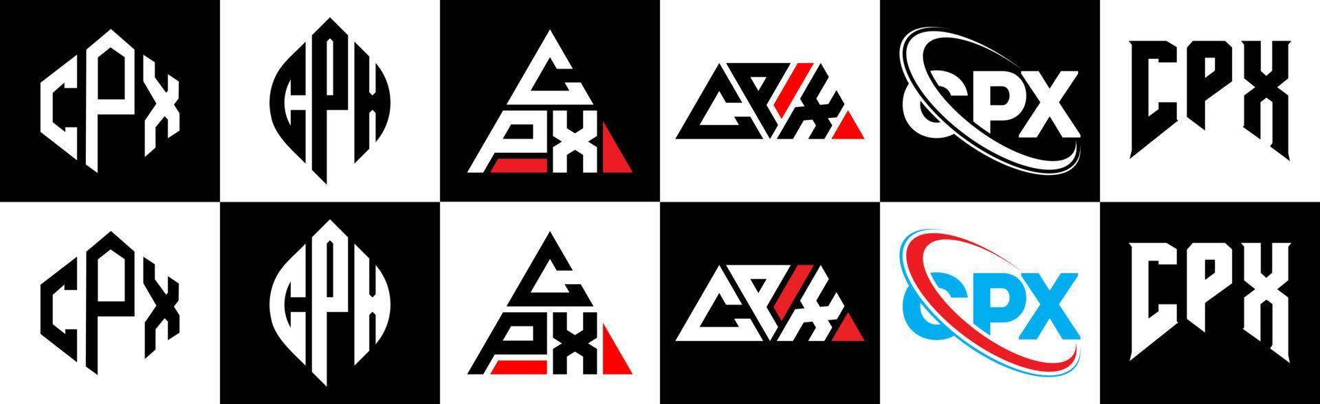 CPX letter logo design in six style. CPX polygon, circle, triangle, hexagon, flat and simple style with black and white color variation letter logo set in one artboard. CPX minimalist and classic logo vector