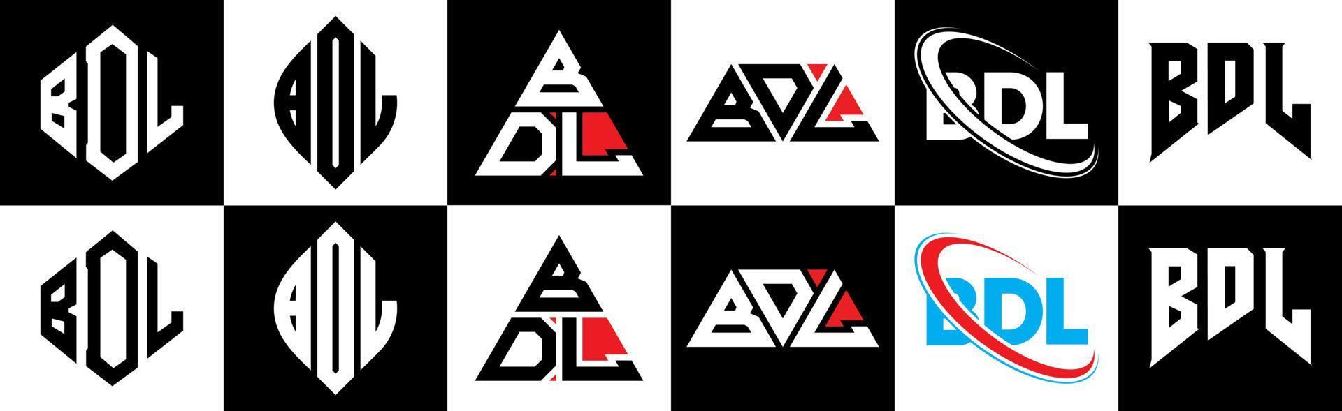 BDL letter logo design in six style. BDL polygon, circle, triangle, hexagon, flat and simple style with black and white color variation letter logo set in one artboard. BDL minimalist and classic logo vector