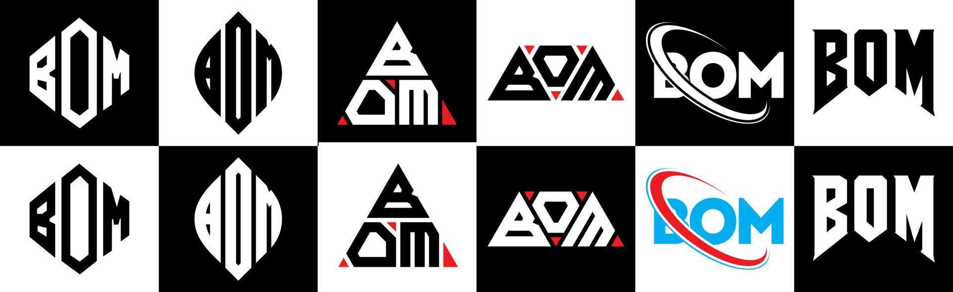 diseño de logotipo de letra bom en seis estilos. bom polígono, círculo, triángulo, hexágono, estilo plano y simple con logotipo de letra de variación de color blanco y negro en una mesa de trabajo. logotipo minimalista y clásico de bom vector