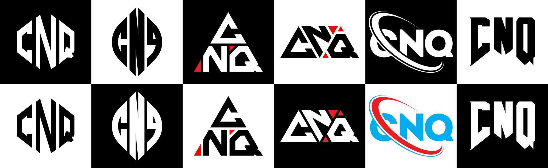 Diseño de logotipo de letra cnq en seis estilos. cnq polígono, círculo, triángulo, hexágono, estilo plano y simple con logotipo de letra de variación de color blanco y negro en una mesa de trabajo. cnq logotipo minimalista y clásico vector
