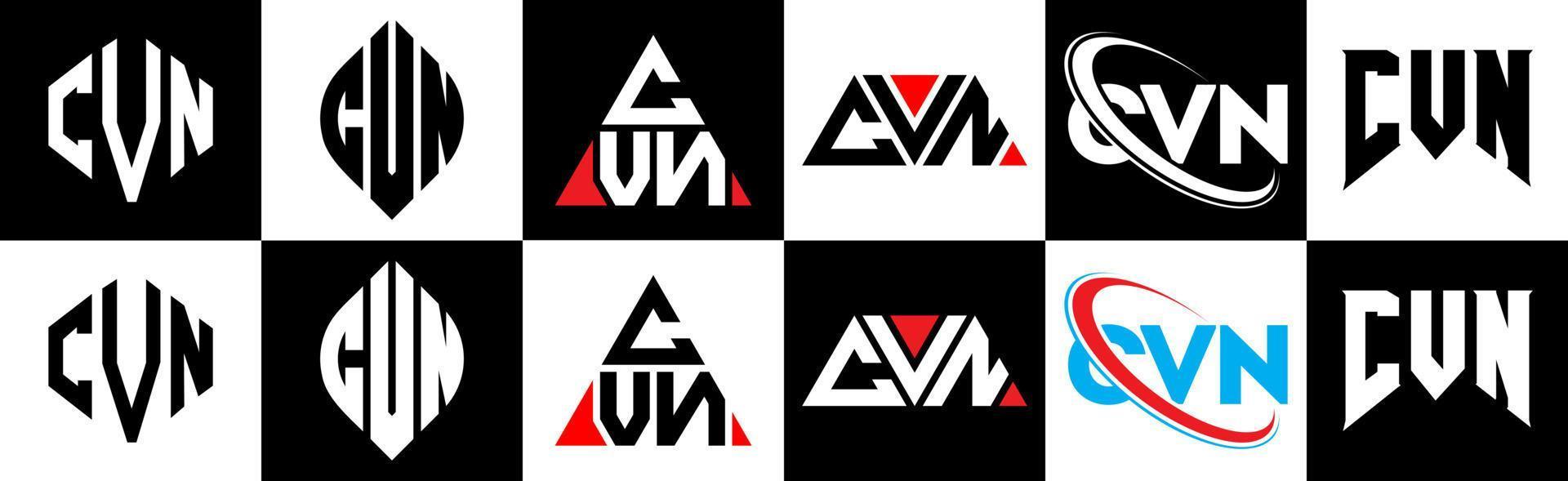 diseño de logotipo de letra cvn en seis estilos. cvn polígono, círculo, triángulo, hexágono, estilo plano y simple con logotipo de letra de variación de color blanco y negro en una mesa de trabajo. logotipo cvn minimalista y clásico vector