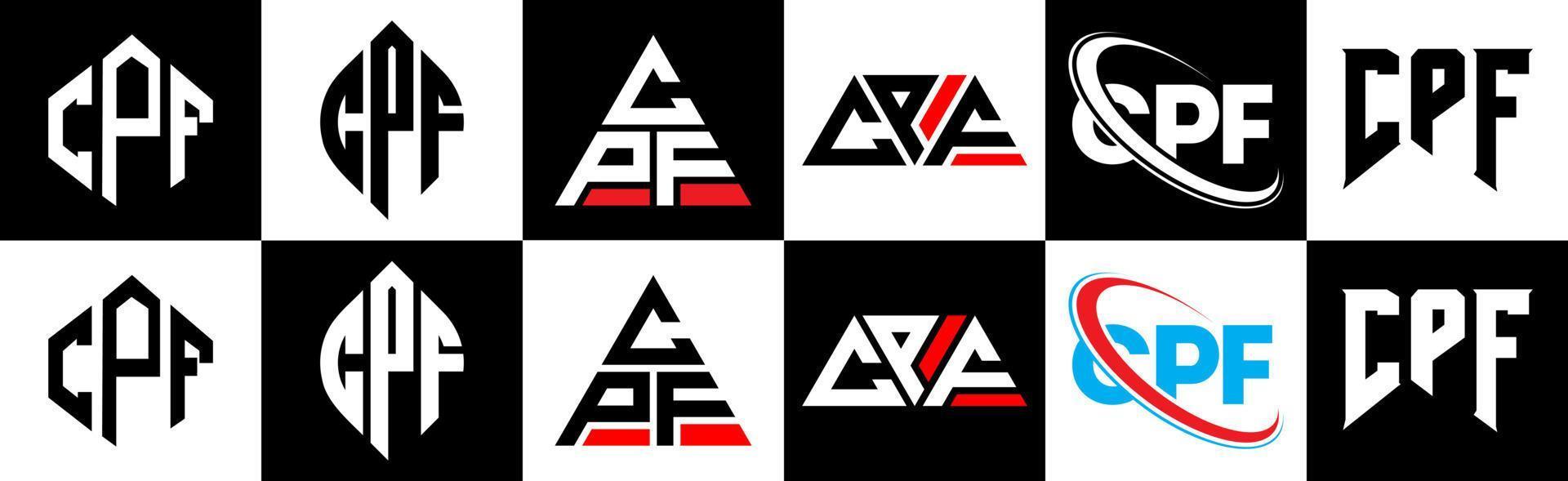 CPF letter logo design in six style. CPF polygon, circle, triangle, hexagon, flat and simple style with black and white color variation letter logo set in one artboard. CPF minimalist and classic logo vector