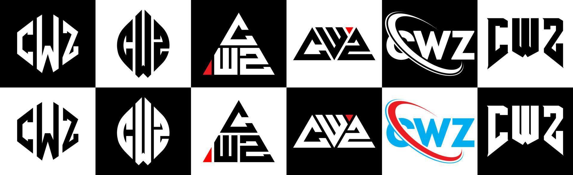 diseño de logotipo de letra cwz en seis estilos. cwz polígono, círculo, triángulo, hexágono, estilo plano y simple con logotipo de letra de variación de color blanco y negro en una mesa de trabajo. logotipo minimalista y clásico de cwz vector