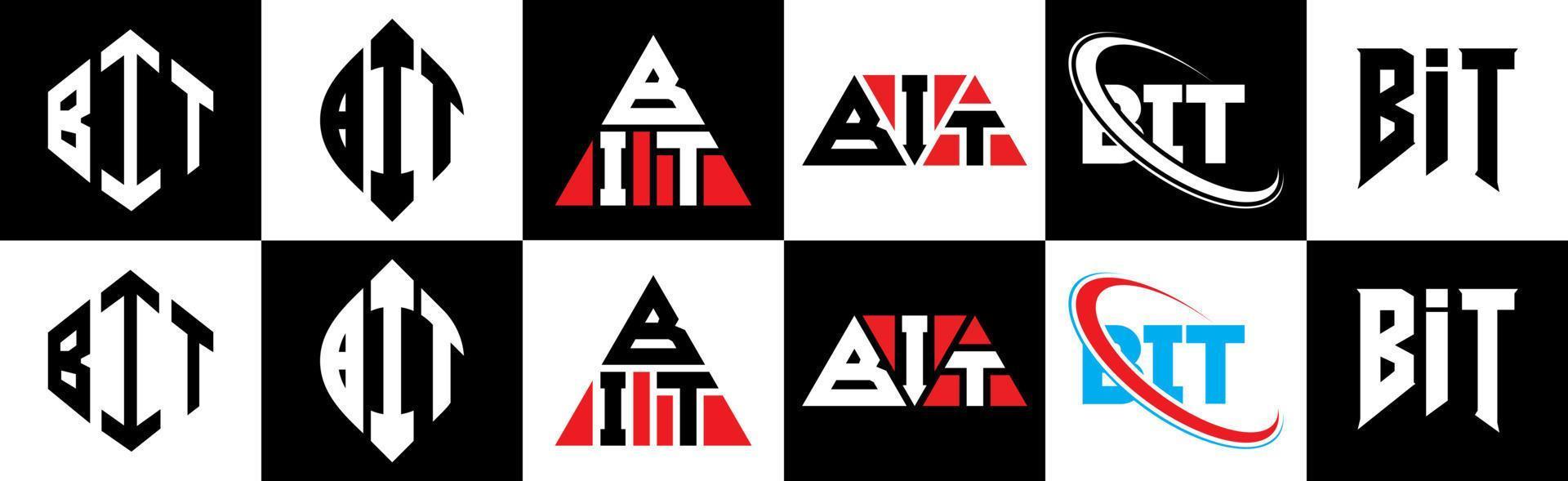 diseño de logotipo de letra bit en seis estilos. bit polígono, círculo, triángulo, hexágono, estilo plano y simple con logotipo de letra de variación de color blanco y negro en una mesa de trabajo. logotipo un poco minimalista y clásico vector