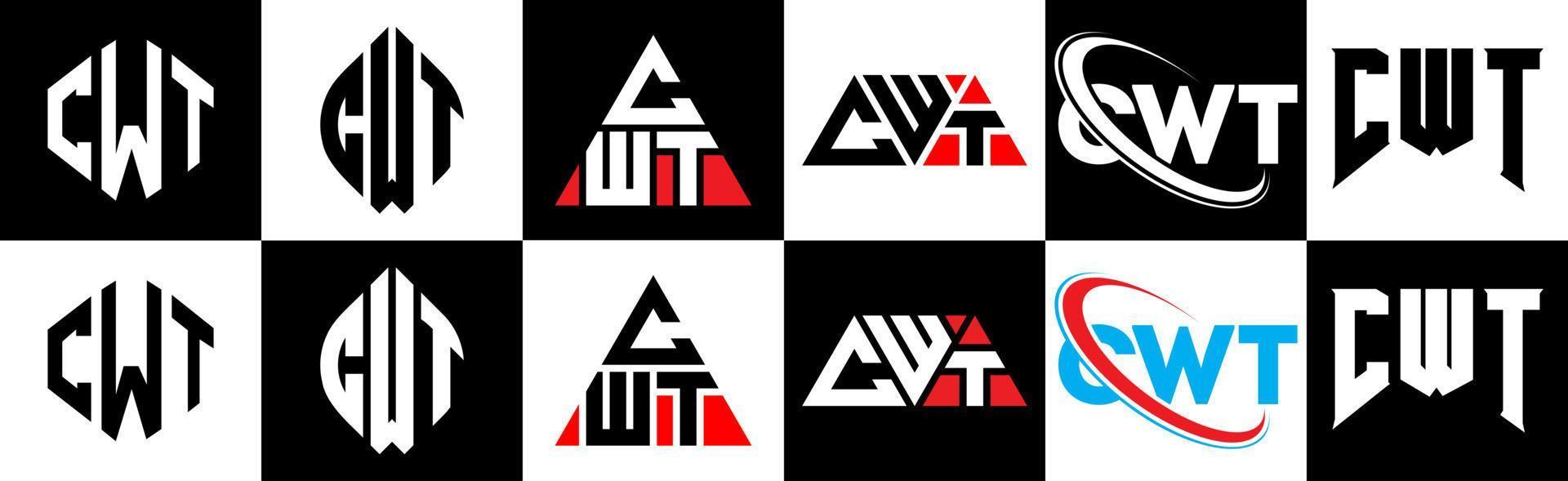 diseño de logotipo de letra cwt en seis estilos. cwt polígono, círculo, triángulo, hexágono, estilo plano y simple con logotipo de letra de variación de color blanco y negro en una mesa de trabajo. logotipo minimalista y clásico de cwt vector