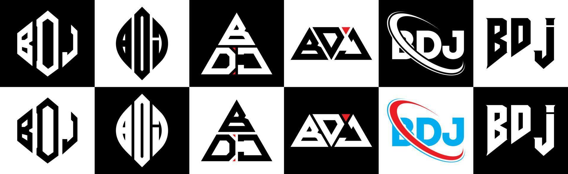 diseño de logotipo de letra bdj en seis estilos. bdj polígono, círculo, triángulo, hexágono, estilo plano y simple con logotipo de letra de variación de color blanco y negro en una mesa de trabajo. logo bdj minimalista y clasico vector