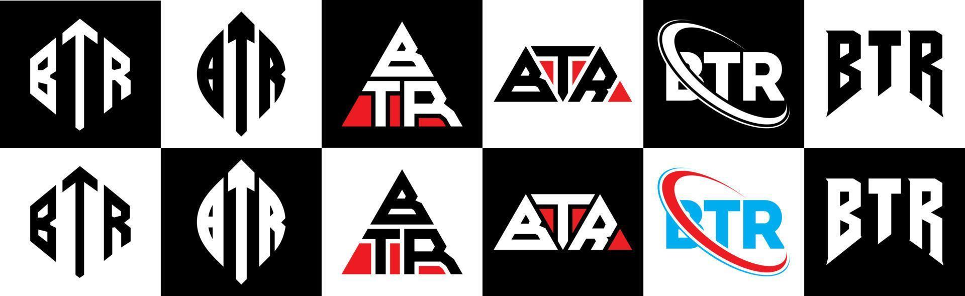 diseño de logotipo de letra btr en seis estilos. btr polígono, círculo, triángulo, hexágono, estilo plano y simple con logotipo de letra de variación de color blanco y negro en una mesa de trabajo. logotipo btr minimalista y clásico vector