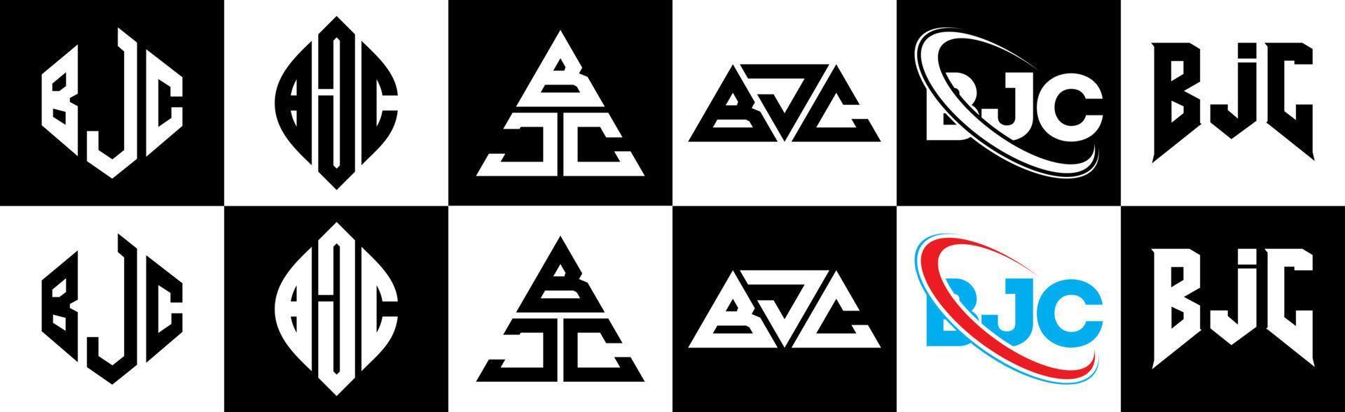 Diseño de logotipo de letra bjc en seis estilos. polígono bjc, círculo, triángulo, hexágono, estilo plano y simple con logotipo de letra de variación de color blanco y negro en una mesa de trabajo. logotipo bjc minimalista y clásico vector