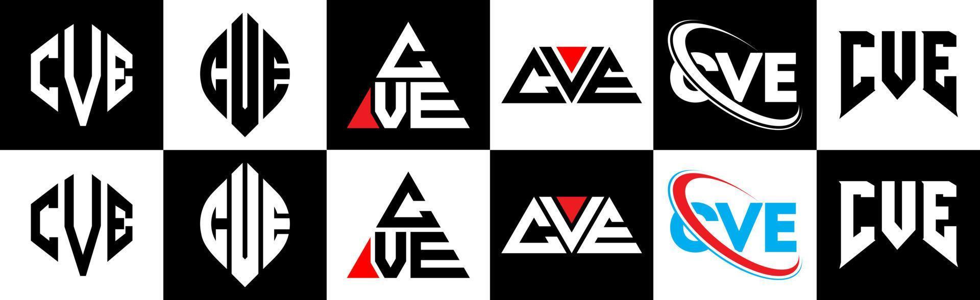 diseño de logotipo de letra cve en seis estilos. cve polígono, círculo, triángulo, hexágono, estilo plano y simple con logotipo de letra de variación de color blanco y negro en una mesa de trabajo. cve logotipo minimalista y clásico vector