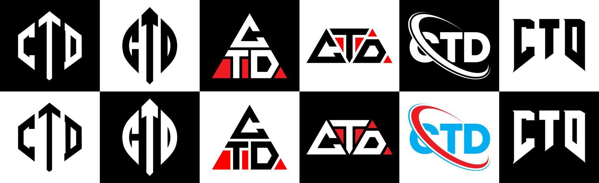 diseño de logotipo de letra ctd en seis estilos. ctd polígono, círculo, triángulo, hexágono, estilo plano y simple con logotipo de letra de variación de color blanco y negro en una mesa de trabajo. logotipo minimalista y clásico de ctd vector