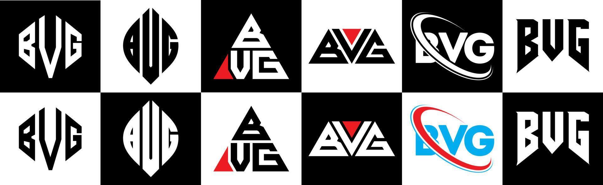 BVG letter logo design in six style. BVG polygon, circle, triangle, hexagon, flat and simple style with black and white color variation letter logo set in one artboard. BVG minimalist and classic logo vector