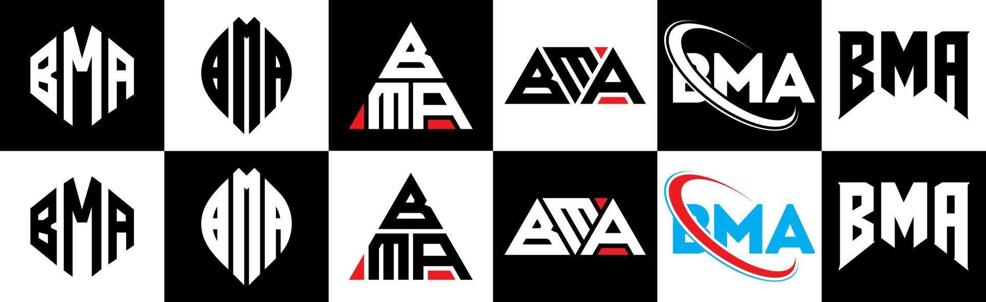 BMA letter logo design in six style. BMA polygon, circle, triangle, hexagon, flat and simple style with black and white color variation letter logo set in one artboard. BMA minimalist and classic logo vector