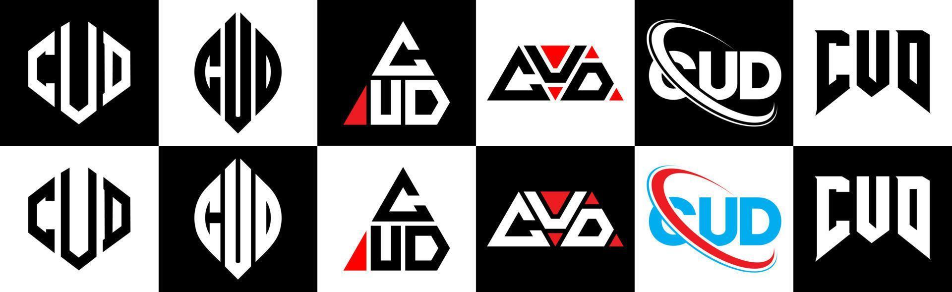 diseño de logotipo de letra cud en seis estilos. cud polígono, círculo, triángulo, hexágono, estilo plano y simple con logotipo de letra de variación de color blanco y negro en una mesa de trabajo. cud logo minimalista y clásico vector