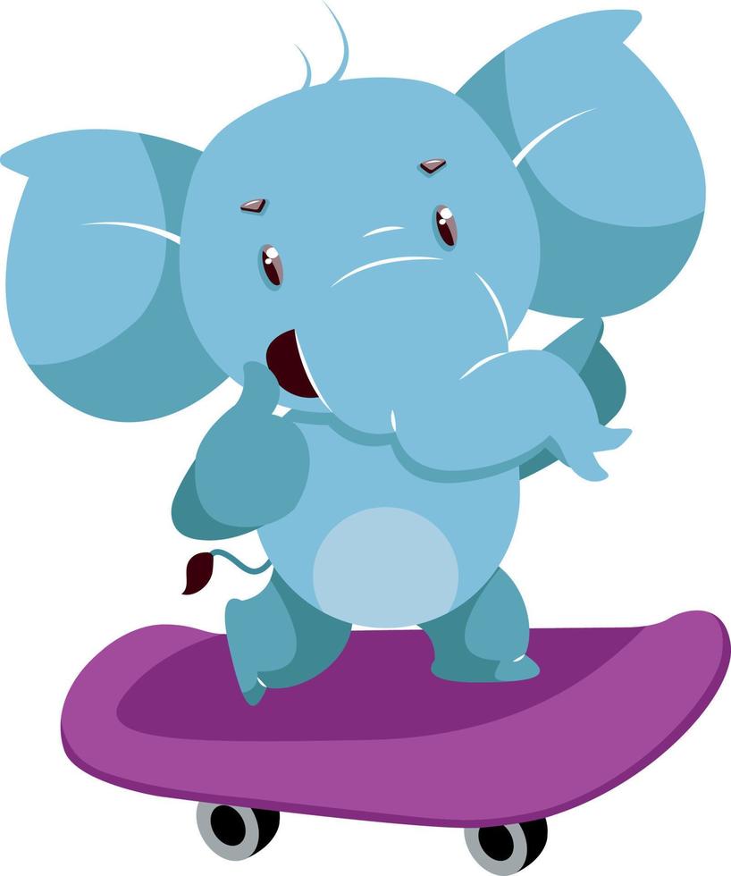 Elephant on skateboard, illustration, vector on white background.