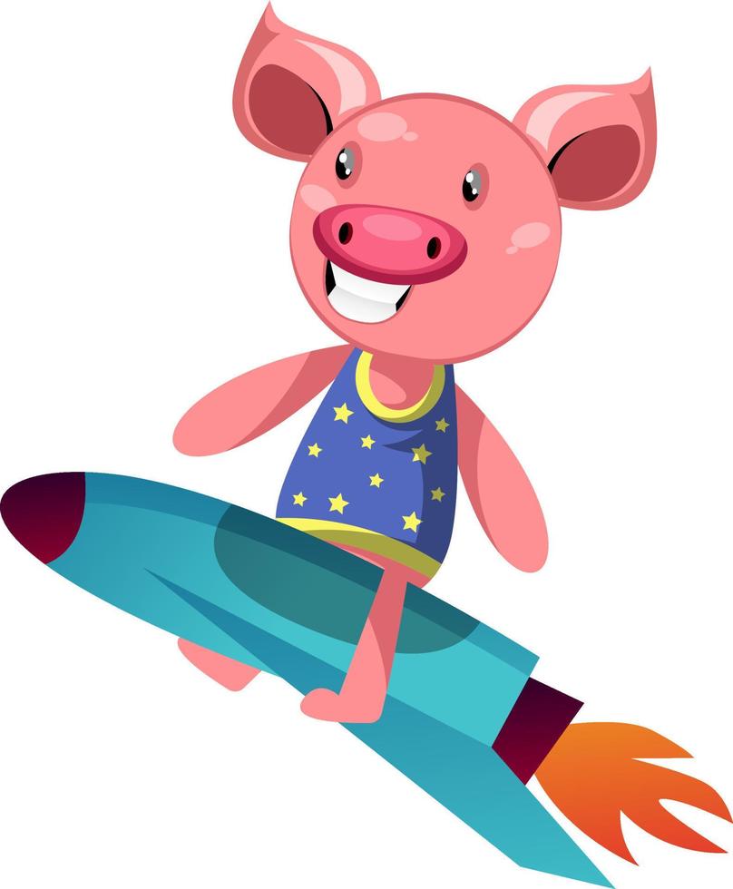 Pig on rocket, illustration, vector on white background.