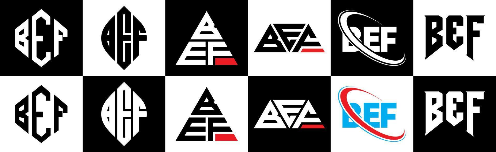 diseño de logotipo de letra bef en seis estilos. bef polígono, círculo, triángulo, hexágono, estilo plano y simple con logotipo de letra de variación de color blanco y negro en una mesa de trabajo. bef logotipo minimalista y clásico vector