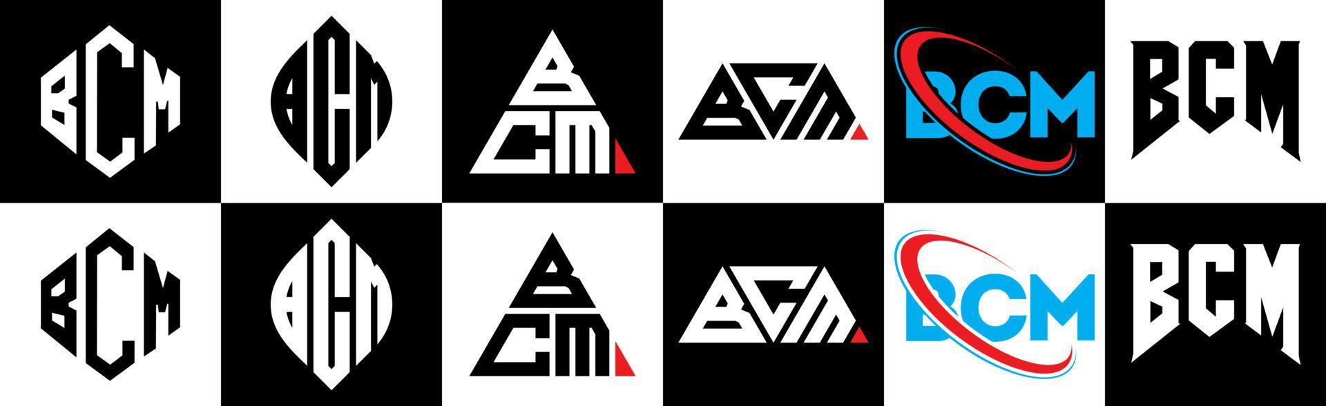 BCM letter logo design in six style. BCM polygon, circle, triangle, hexagon, flat and simple style with black and white color variation letter logo set in one artboard. BCM minimalist and classic logo vector