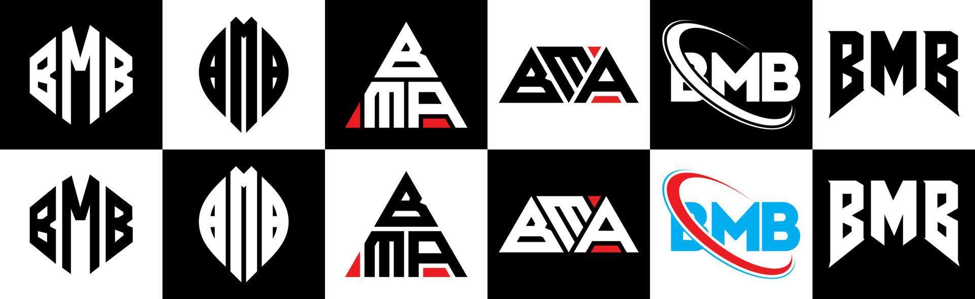 Diseño de logotipo de letra bmb en seis estilos. bmb polígono, círculo, triángulo, hexágono, estilo plano y simple con logotipo de letra de variación de color blanco y negro en una mesa de trabajo. logotipo minimalista y clásico de bmb vector