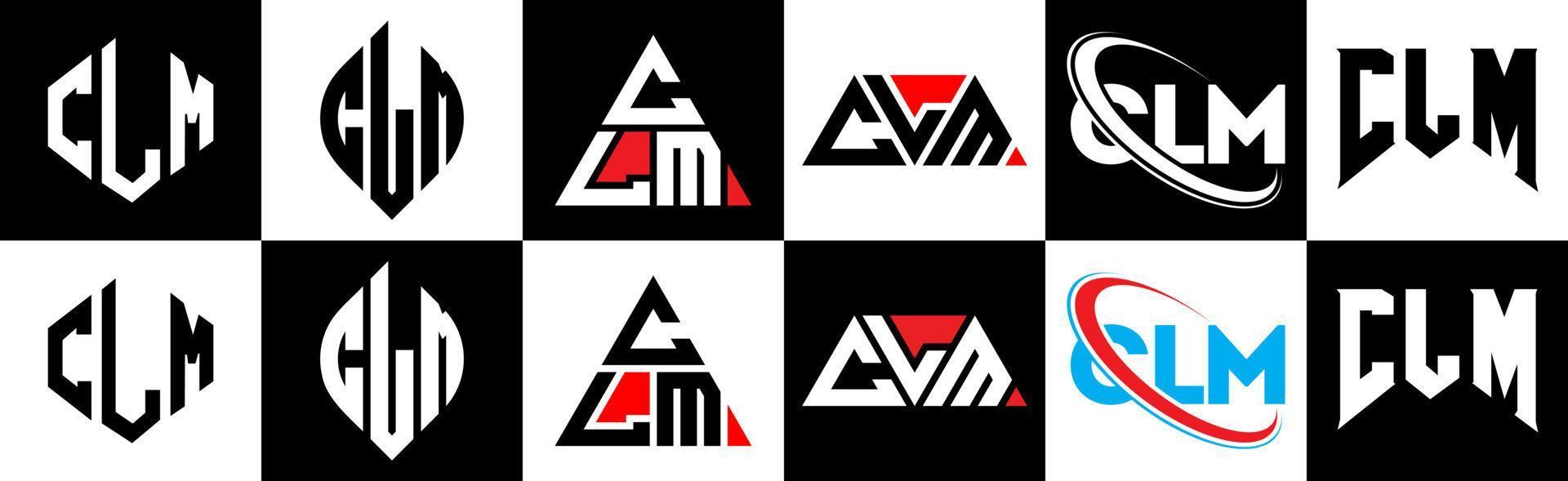 diseño de logotipo de letra clm en seis estilos. clm polígono, círculo, triángulo, hexágono, estilo plano y simple con logotipo de letra de variación de color blanco y negro en una mesa de trabajo. clm logotipo minimalista y clásico vector