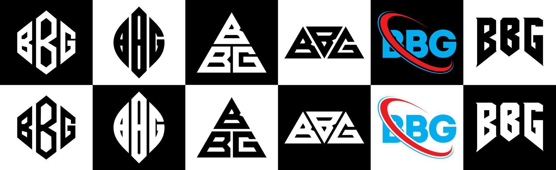 diseño de logotipo de letra bbg en seis estilos. polígono bbg, círculo, triángulo, hexágono, estilo plano y simple con logotipo de letra de variación de color blanco y negro en una mesa de trabajo. logotipo minimalista y clásico de bbg vector