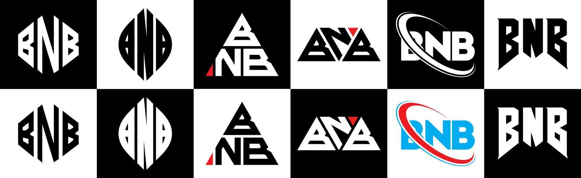 BNB letter logo design in six style. BNB polygon, circle, triangle, hexagon, flat and simple style with black and white color variation letter logo set in one artboard. BNB minimalist and classic logo vector