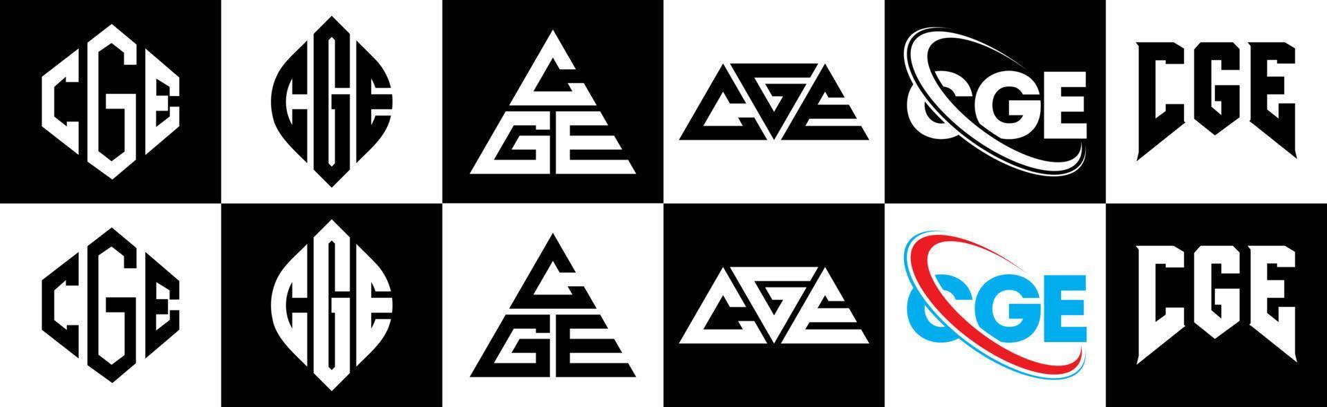 diseño de logotipo de letra cge en seis estilos. cge polígono, círculo, triángulo, hexágono, estilo plano y simple con logotipo de letra de variación de color blanco y negro en una mesa de trabajo. logotipo minimalista y clásico de cge vector