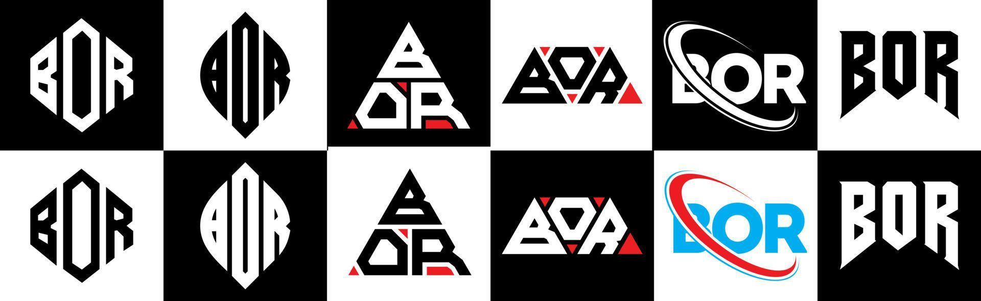 diseño de logotipo de letra bor en seis estilos. bor polígono, círculo, triángulo, hexágono, estilo plano y simple con logotipo de letra de variación de color blanco y negro en una mesa de trabajo. bor logo minimalista y clásico vector