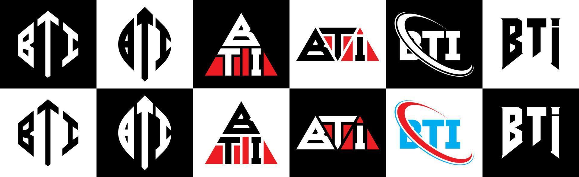 BTI letter logo design in six style. BTI polygon, circle, triangle, hexagon, flat and simple style with black and white color variation letter logo set in one artboard. BTI minimalist and classic logo vector