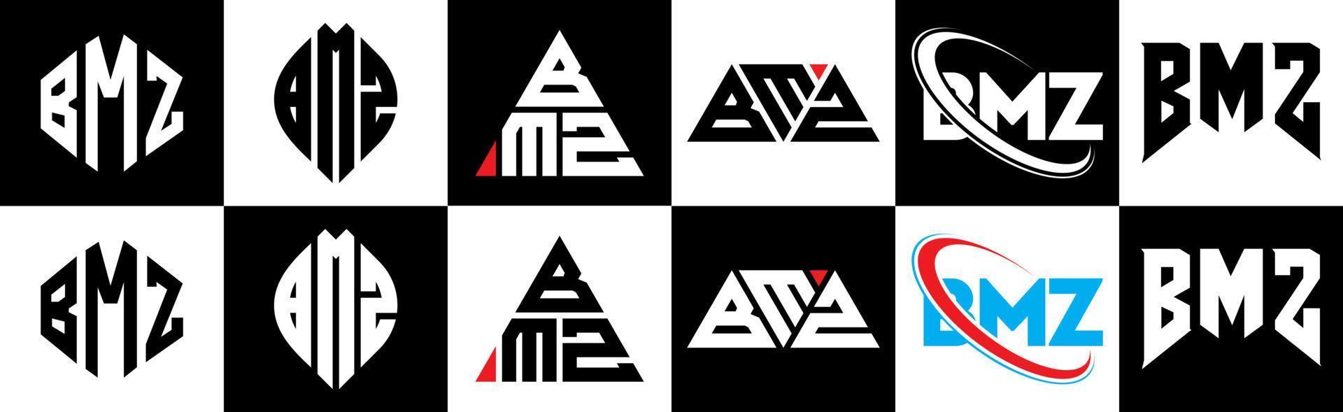 Diseño de logotipo de letra bmz en seis estilos. polígono bmz, círculo, triángulo, hexágono, estilo plano y simple con logotipo de letra de variación de color blanco y negro en una mesa de trabajo. logotipo bmz minimalista y clásico vector