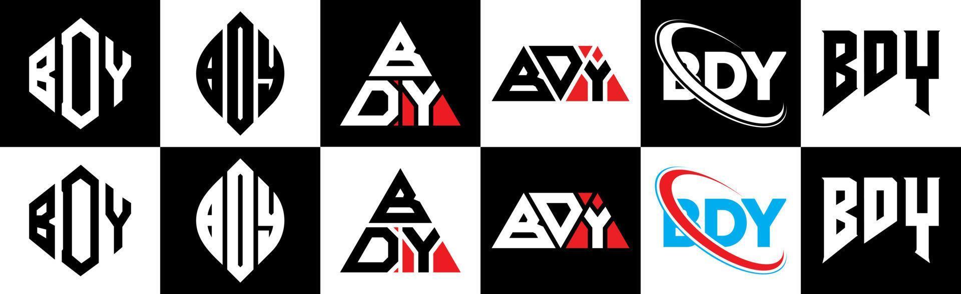 BDY letter logo design in six style. BDY polygon, circle, triangle, hexagon, flat and simple style with black and white color variation letter logo set in one artboard. BDY minimalist and classic logo vector