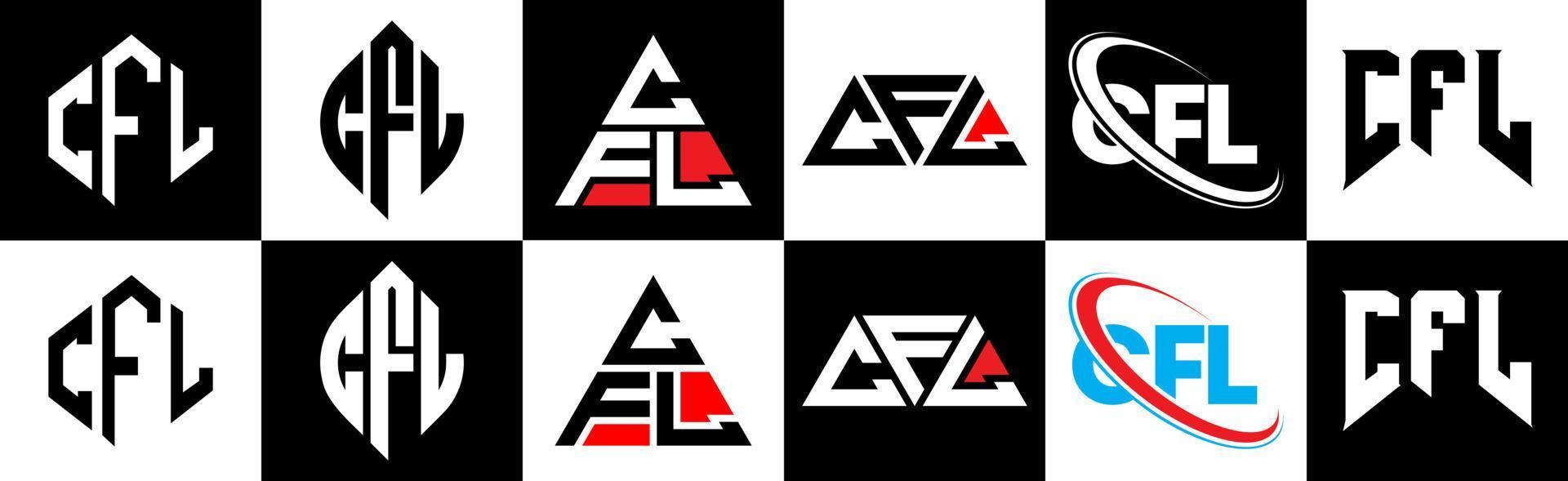 CFL letter logo design in six style. CFL polygon, circle, triangle, hexagon, flat and simple style with black and white color variation letter logo set in one artboard. CFL minimalist and classic logo vector