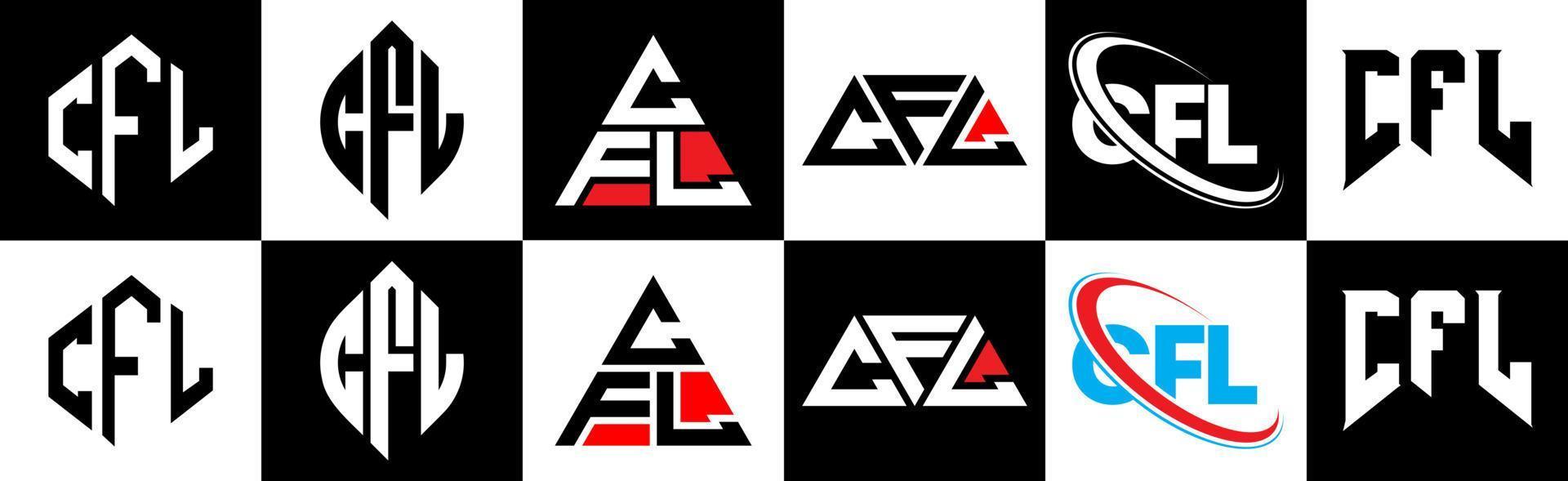 diseño de logotipo de letra cfl en seis estilos. cfl polígono, círculo, triángulo, hexágono, estilo plano y simple con logotipo de letra de variación de color blanco y negro en una mesa de trabajo. logotipo minimalista y clásico de cfl vector