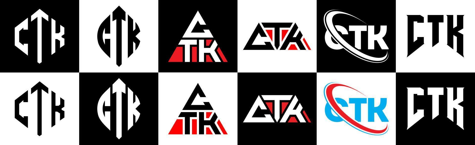 CTK letter logo design in six style. CTK polygon, circle, triangle, hexagon, flat and simple style with black and white color variation letter logo set in one artboard. CTK minimalist and classic logo vector